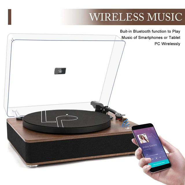 Alt view image 2 of 7 - Record Player with Stereo Speakers, 3-Speed Belt-Drive Turntable for Vinyl Records with Bluetooth Playback and Auto-Stop, Vinyl Record Player with USB Recording,Pitch Control,Walnut Wood