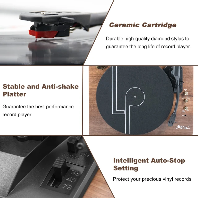 Alt view image 4 of 7 - Record Player with Stereo Speakers, 3-Speed Belt-Drive Turntable for Vinyl Records with Bluetooth Playback and Auto-Stop, Vinyl Record Player with USB Recording,Pitch Control,Walnut Wood