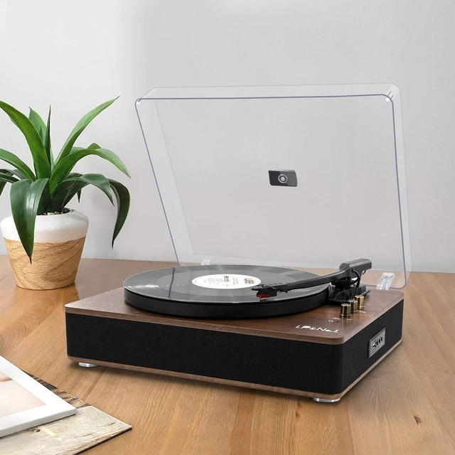 Alt view image 5 of 7 - Record Player with Stereo Speakers, 3-Speed Belt-Drive Turntable for Vinyl Records with Bluetooth Playback and Auto-Stop, Vinyl Record Player with USB Recording,Pitch Control,Walnut Wood