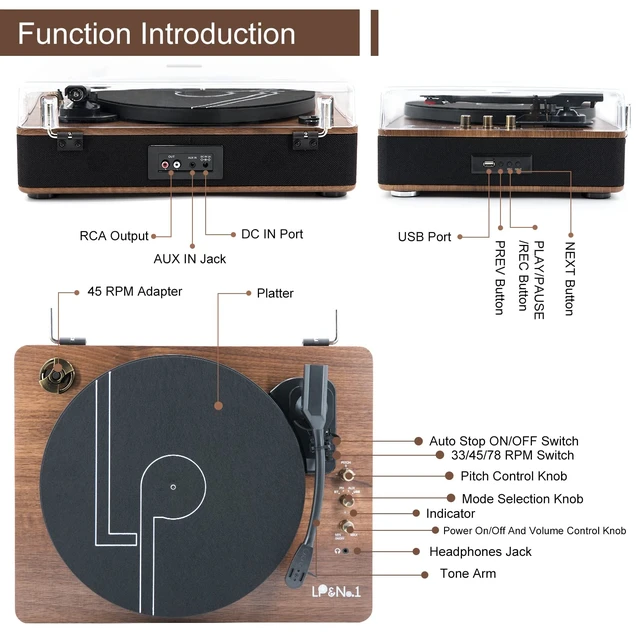 Alt view image 6 of 7 - Record Player with Stereo Speakers, 3-Speed Belt-Drive Turntable for Vinyl Records with Bluetooth Playback and Auto-Stop, Vinyl Record Player with USB Recording,Pitch Control,Walnut Wood