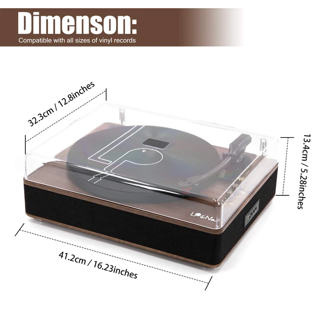 Alt view image 7 of 7 - Record Player with Stereo Speakers, 3-Speed Belt-Drive Turntable for Vinyl Records with Bluetooth Playback and Auto-Stop, Vinyl Record Player with USB Recording,Pitch Control,Walnut Wood