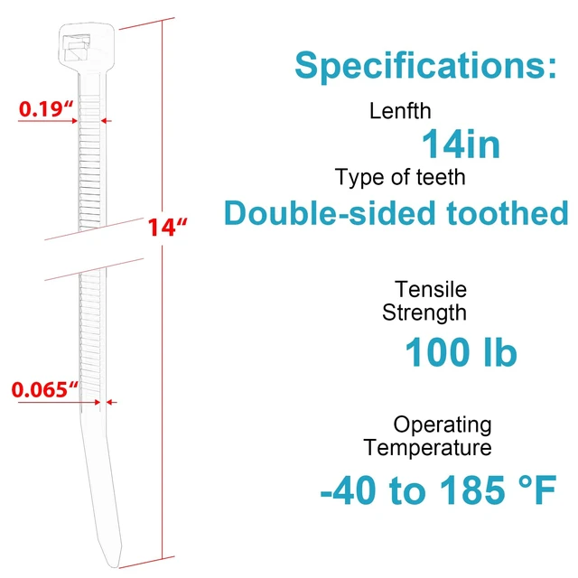Alt view image 2 of 6 - 14 Inch Zip Ties Double Sided Toothed (400 Pack),100 LBS Tensile Strength Heavy Duty Cable Wire Ties With Self-Locking Adjustable More Durable Nylon Tie Wraps for Indoor Outdoor