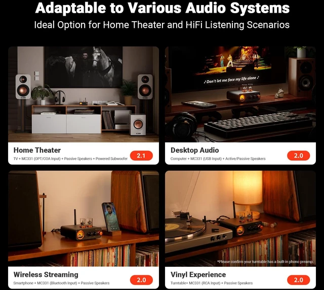 Alt view image 5 of 7 - MC331 Tube Integrated Amplifier with DAC, 2 Channel Home Audio Stereo Power Amp for HiFi Bookshelf Speakers/3.5mm Headphones, Vintage VU Meter Preamp with Bluetooth and USB/Opt/Coax/RCA