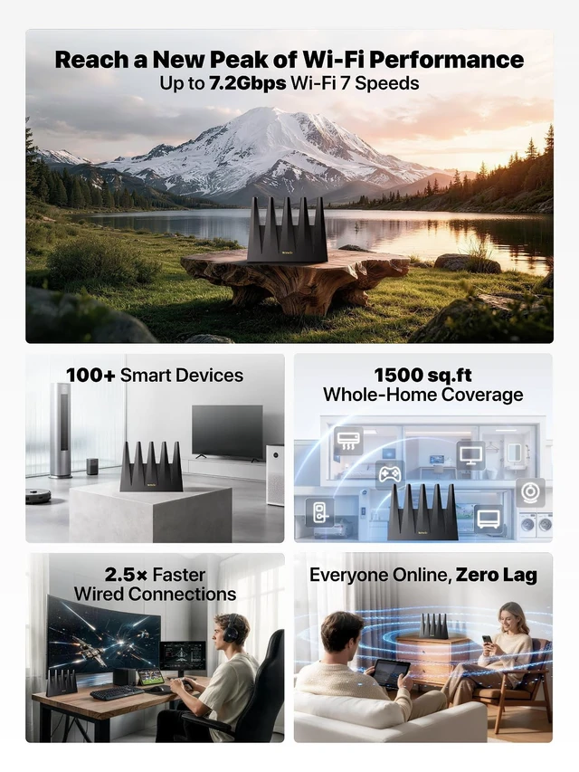 Alt view image 3 of 6 - Tenda WiFi 7 Router BE7200 Dual-Band High-Speed Wireless Internet Router with 2×2.5G Ports, Quad-Core CPU, MLO & VPN, Private IoT Network, Supports OpenWRT, Ideal for Home & Business Use (BE12Pro)