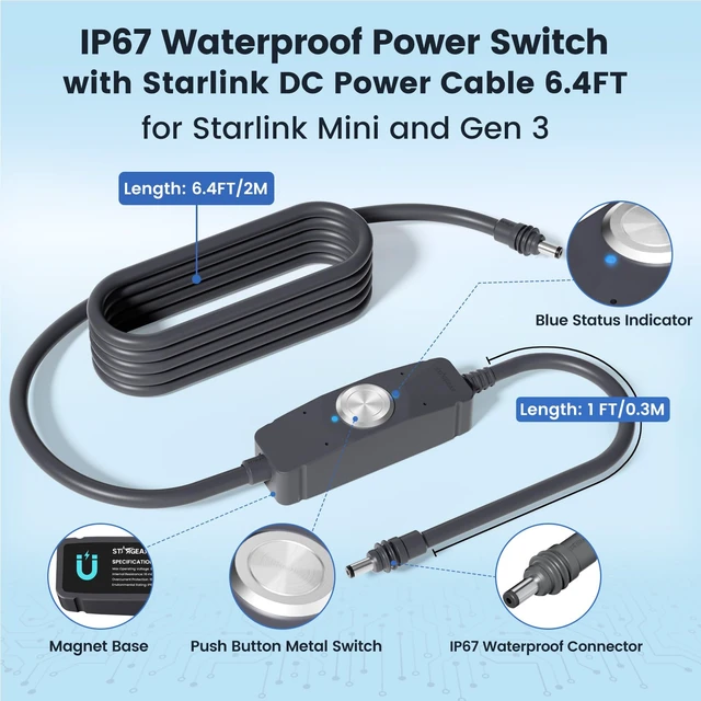 Alt view image 5 of 7 - 6.4FT Starlink Mini Cable, Waterproof Power Switch with DC Cable for Minis and Gen 3, 16AWG Extension Cable & Power Adapter with One-Touch Metal Button & Dual LEDs for RV
