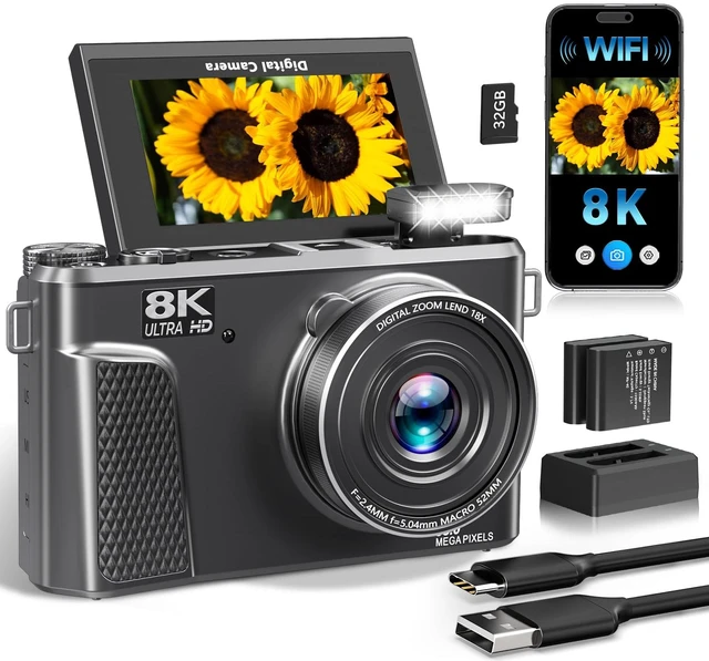 Main image of 8K Digital Camera, 88MP Autofocus Camera for Beginners & Photography, WiFi 8K Video, 88MP camera for photography, 18X Digital Zoom, 3" 180° Flip Screen, Anti-Shake,WIFI, Webcam, Flash, Compact