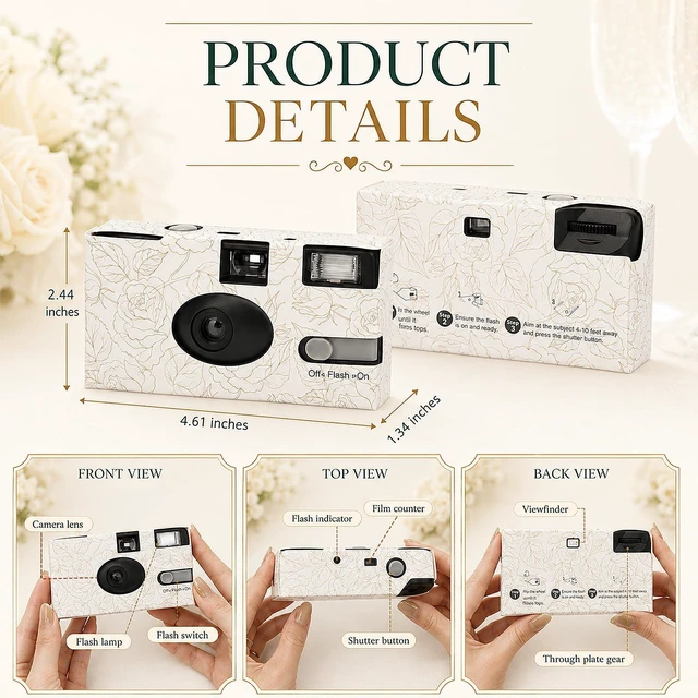 Alt view image 3 of 7 - 6 Pack Disposable Cameras Bulk for Wedding with Upgraded 35mm Film, Golden Rose Single-Use Disposable Camera with Flash, ISO 400 17 Exposures for Outdoor Travel Gathering Anniversary Birthday
