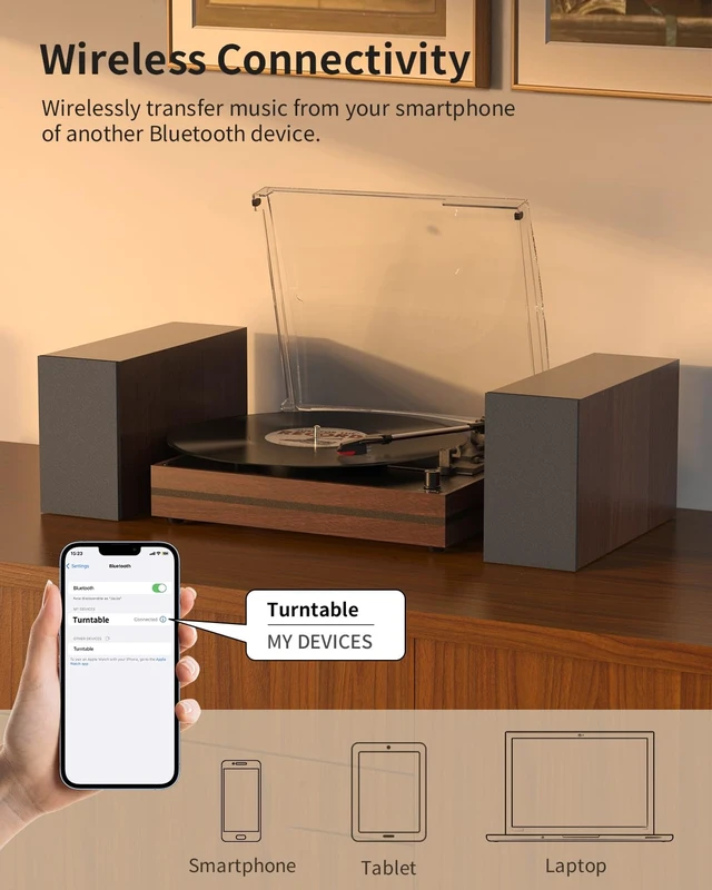 Alt view image 6 of 7 - ® Vintage Vinyl Record Player with 2 External Speakers,Wood Brown Belt-Drive Turntable,Dual Stereo Bookshelf Speakers,LP Players,3 Speed,BT Wireless Input,AUX,Headphone,Auto Stop,Retro Style