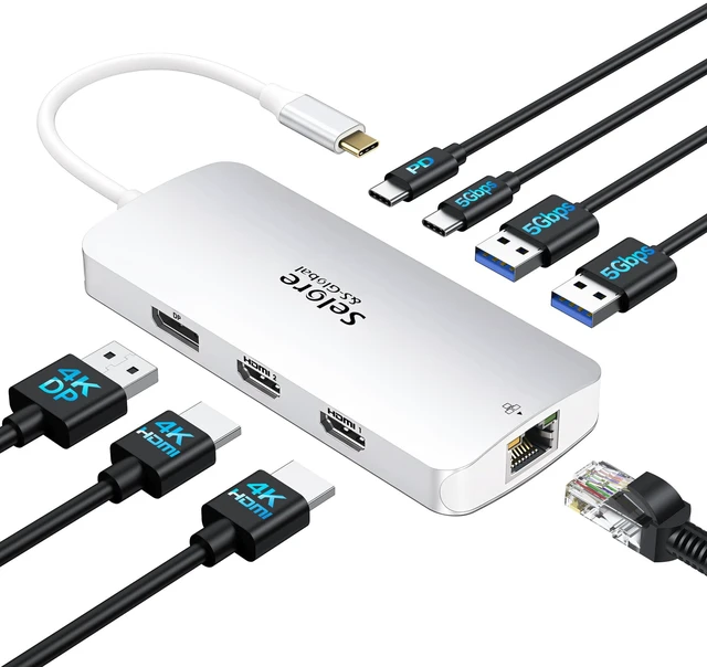 Main image of USB C Docking Station Dual Monitor, Selore Docking Station 3 Monitors Triple 4K Display with 2 HDMI, DisplayPort, 1 Gbps Ethernet, 100W PD Charging, USB 3.0 Ports Adapter for Dell, HP, etc(Silver)