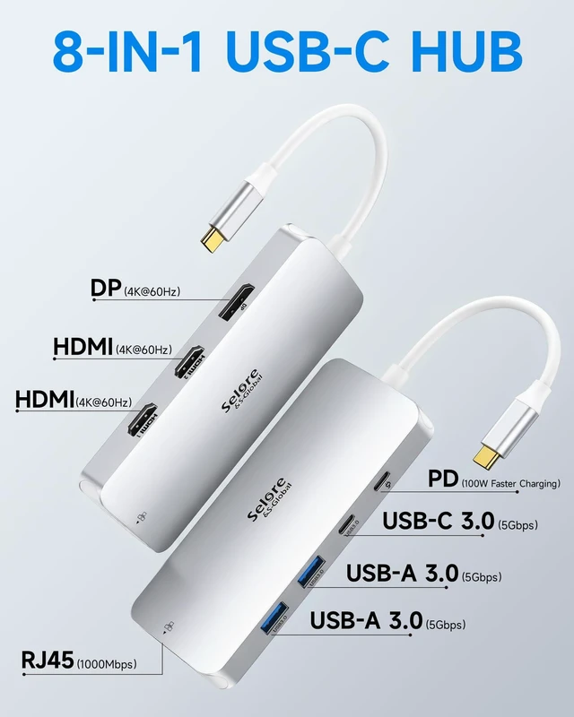 Alt view image 2 of 7 - USB C Docking Station Dual Monitor, Selore Docking Station 3 Monitors Triple 4K Display with 2 HDMI, DisplayPort, 1 Gbps Ethernet, 100W PD Charging, USB 3.0 Ports Adapter for Dell, HP, etc(Silver)