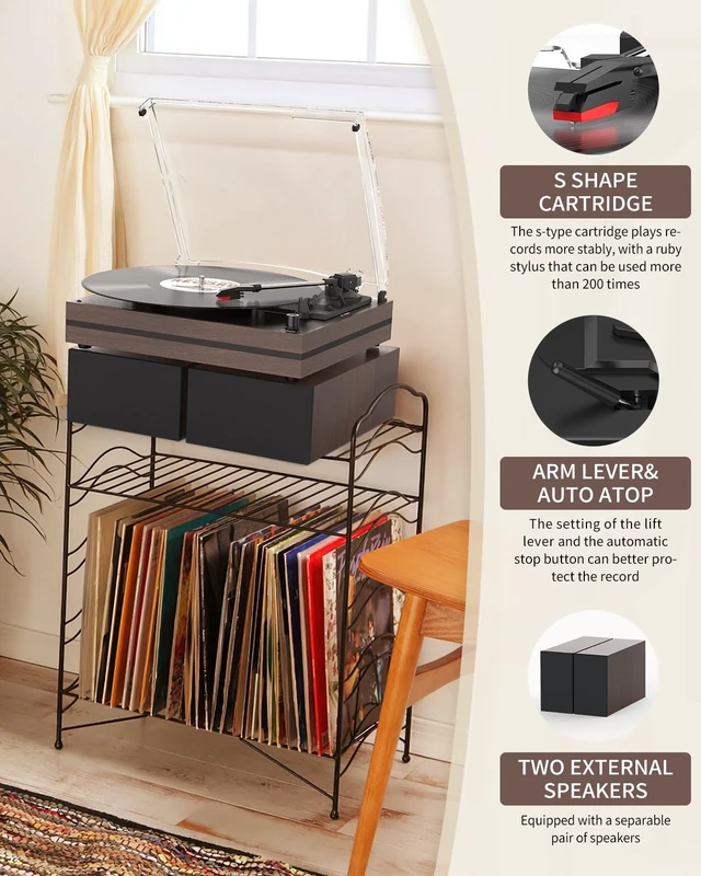 Alt view image 5 of 7 - ® Vintage Vinyl Record Player with 2 External Speakers,Wood Brown Belt-Drive Turntable,Dual Stereo Bookshelf Speakers,LP Players,3 Speed,BT Wireless Input,AUX,Headphone,Auto Stop,Retro Style
