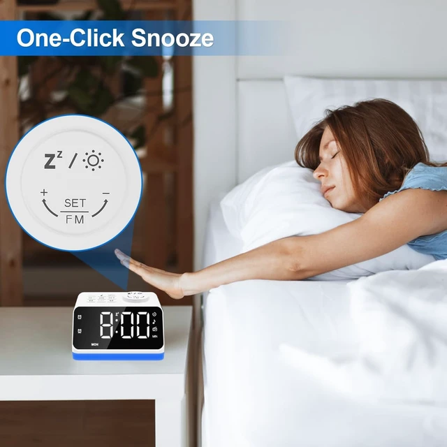 Alt view image 3 of 7 - Digital Alarm Clock with FM Radio for Bedroom, 8 Colors Night Light with Charging Port, Sleep Sound Machines with Timer, Dual Alarm (White with White Font)