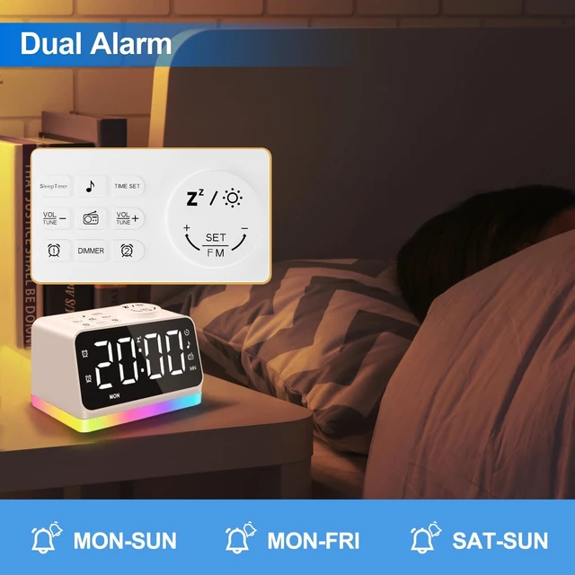 Alt view image 4 of 7 - Digital Alarm Clock with FM Radio for Bedroom, 8 Colors Night Light with Charging Port, Sleep Sound Machines with Timer, Dual Alarm (White with White Font)