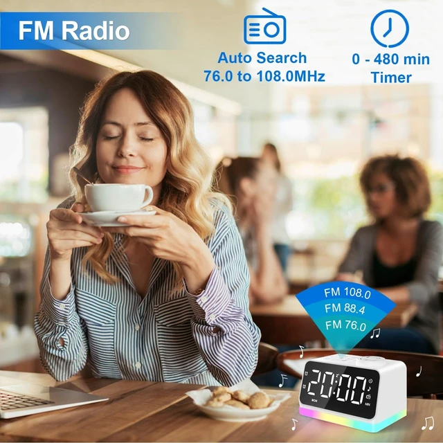 Alt view image 6 of 7 - Digital Alarm Clock with FM Radio for Bedroom, 8 Colors Night Light with Charging Port, Sleep Sound Machines with Timer, Dual Alarm (White with White Font)