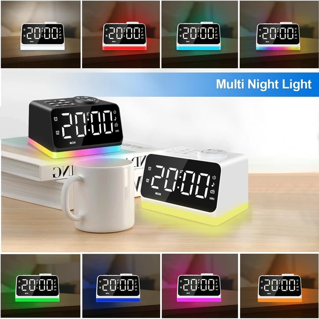 Alt view image 7 of 7 - Digital Alarm Clock with FM Radio for Bedroom, 8 Colors Night Light with Charging Port, Sleep Sound Machines with Timer, Dual Alarm (White with White Font)