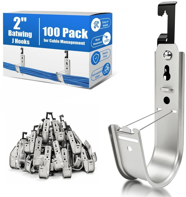 Main image of 100 Pack 2" Galvanized Steel Batwing J Hooks with Retainer Clips Cable Supports for Ceiling Wire and Threaded Rod, CAT5, CAT6, Coax and Fiber Optic