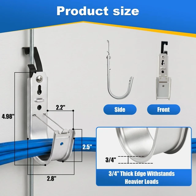 Alt view image 2 of 7 - 100 Pack 2" Galvanized Steel Batwing J Hooks with Retainer Clips Cable Supports for Ceiling Wire and Threaded Rod, CAT5, CAT6, Coax and Fiber Optic