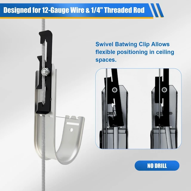 Alt view image 5 of 7 - 100 Pack 2" Galvanized Steel Batwing J Hooks with Retainer Clips Cable Supports for Ceiling Wire and Threaded Rod, CAT5, CAT6, Coax and Fiber Optic