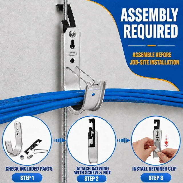 Alt view image 4 of 7 - 100 Pack 2" Galvanized Steel Batwing J Hooks with Retainer Clips Cable Supports for Ceiling Wire and Threaded Rod, CAT5, CAT6, Coax and Fiber Optic