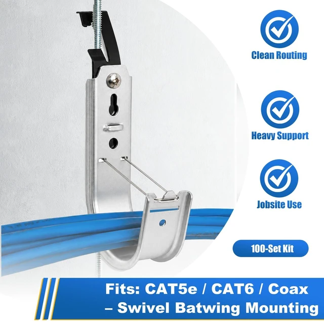 Alt view image 6 of 7 - 100 Pack 2" Galvanized Steel Batwing J Hooks with Retainer Clips Cable Supports for Ceiling Wire and Threaded Rod, CAT5, CAT6, Coax and Fiber Optic