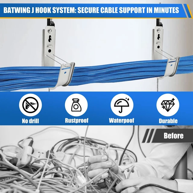 Alt view image 7 of 7 - 100 Pack 2" Galvanized Steel Batwing J Hooks with Retainer Clips Cable Supports for Ceiling Wire and Threaded Rod, CAT5, CAT6, Coax and Fiber Optic