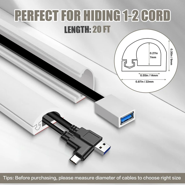 Alt view image 7 of 7 - Cord Wall Cover, 236in Self-Adhesive Wire Covers for Cords on Wall, Extension Cable Hider for Floor, Mounted Tv, Home and Office Cavity 0.63" Wx0.31 H (White)