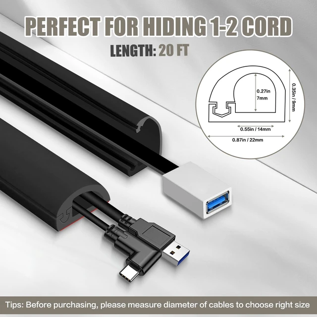 Alt view image 7 of 7 - Cord Wall Cover, 236in Self-Adhesive Wire Covers for Cords on Wall, Extension Cable Hider for Floor, Mounted Tv, Home and Office Cavity 0.63" Wx0.31 H (Black)