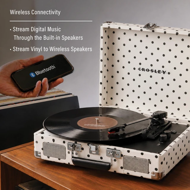 Alt view image 3 of 7 - CR8005F-WPK Cruiser Plus Record Player, White Polka Dot 3-Speed Turntable, Bluetooth In / Out, Built-in Stereo Speakers, Isolated Internal Speakers Minimize Vibration