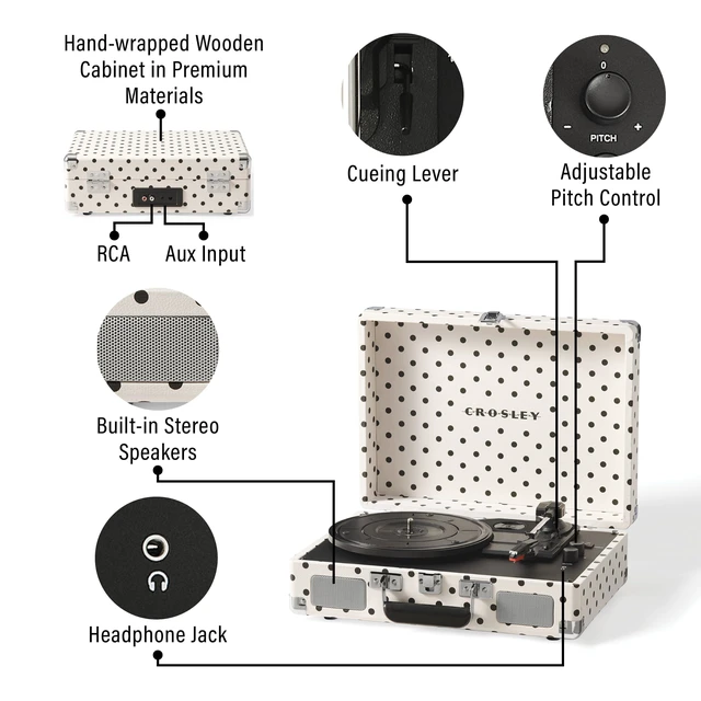 Alt view image 6 of 7 - CR8005F-WPK Cruiser Plus Record Player, White Polka Dot 3-Speed Turntable, Bluetooth In / Out, Built-in Stereo Speakers, Isolated Internal Speakers Minimize Vibration