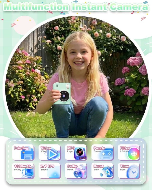 Alt view image 2 of 6 - Instant Print Camera for Kids, 1080P Instant Digital Print Cameras for Toddler, Portable Toy for 4 5 6 7 8 9 10 Year Old Girl, Christmas Birthday Gifts for Girls Boys with SD Card Green