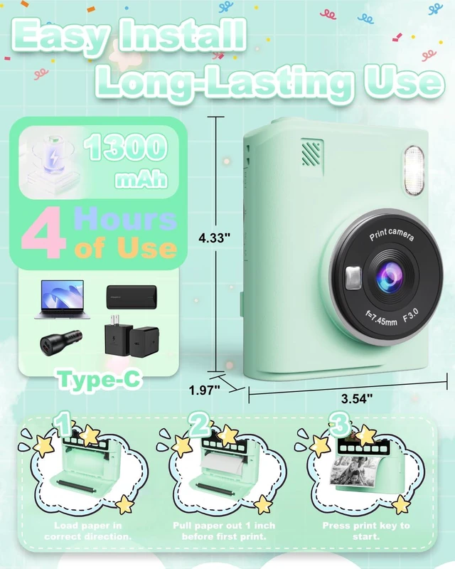 Alt view image 4 of 6 - Instant Print Camera for Kids, 1080P Instant Digital Print Cameras for Toddler, Portable Toy for 4 5 6 7 8 9 10 Year Old Girl, Christmas Birthday Gifts for Girls Boys with SD Card Green