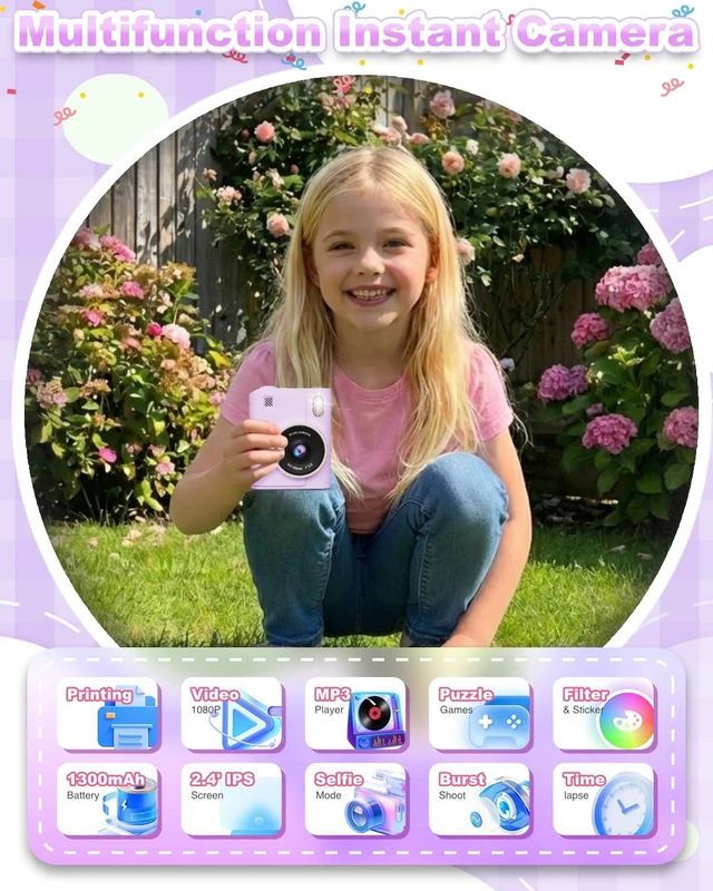 Alt view image 2 of 6 - Instant Print Camera for Kids, Christmas Birthday Gifts for 4 5 6 7 8 9 10 Year Old Girls Boys, Portable Toy with 4 Rolls Printing Paper, Purple