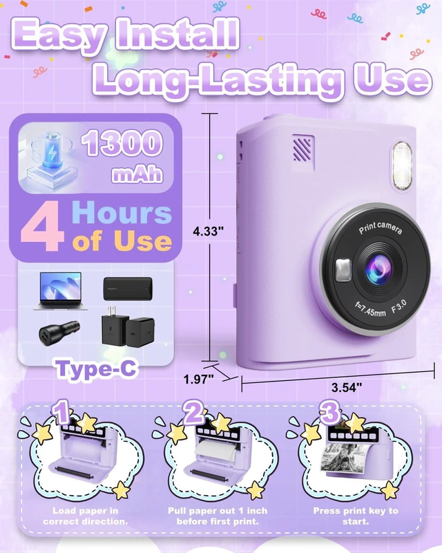 Alt view image 4 of 6 - Instant Print Camera for Kids, Christmas Birthday Gifts for 4 5 6 7 8 9 10 Year Old Girls Boys, Portable Toy with 4 Rolls Printing Paper, Purple
