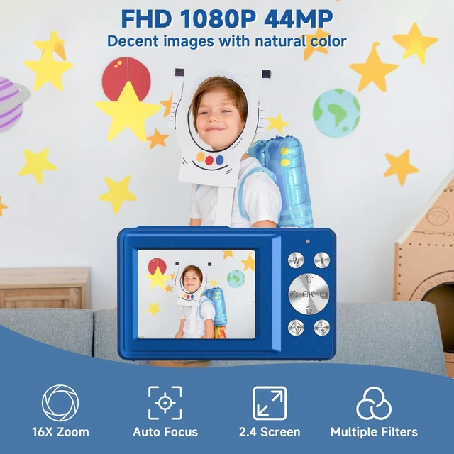 Alt view image 2 of 7 - Digital Camera, 44MP Compact Camera, FHD 1080P Point and Shoot Digital Cameras with 16X Zoom, Face Detect, Smile Capture, Anti Shake, for Boys Girls Teens Gifts (Blue)