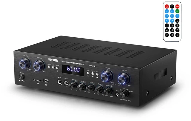 Main image of Bluetooth 5.0 Stereo Audio Amplifier Receiver, 4 Channel 440W Peak Power Home Theater Stereo Receiver with USB, SD, FM, 2 Mic in Echo, RCA, LED, Speaker Selector for Studio, Home - MAMP5