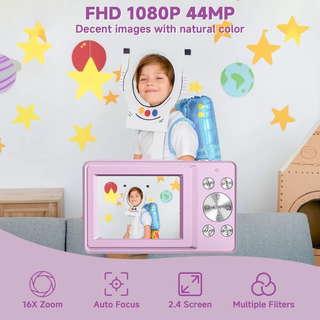Alt view image 2 of 7 - Digital Camera, 44MP Compact Camera, FHD 1080P Point and Shoot Digital Cameras with 16X Zoom, Face Detect, Smile Capture, Anti Shake, for Boys Girls Teens Gifts (Purple)