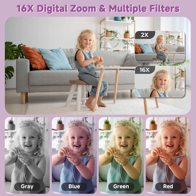 Alt view image 6 of 7 - Digital Camera, 44MP Compact Camera, FHD 1080P Point and Shoot Digital Cameras with 16X Zoom, Face Detect, Smile Capture, Anti Shake, for Boys Girls Teens Gifts (Purple)