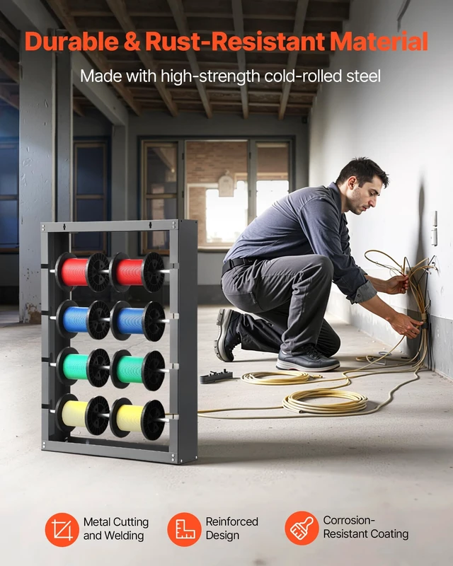 Alt view image 4 of 7 - Wire Spool Rack, 4 Adjustable Rods, Cold-Rolled Steel Wire Spool Holder Wall Mounted for Multi-Spools, Wiring Storage, 150 lbs Capacity Cable Dispenser, for Electrical Industrial Retail Use