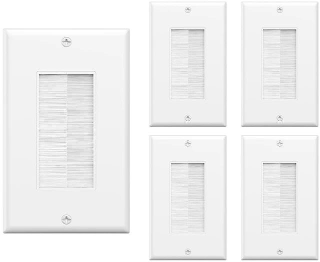 Main image of Single Gang Brush Wall Plate Low Voltage Cable Pass Through White, 5PK Routes HDMI, Coax, Speaker, Network Cables, behind Wall Mount TV