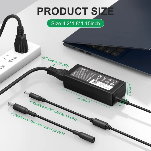 Alt view image 3 of 7 - 65W Charger Compatible with Dell Laptop Charger, AC Adapter for Inspiron 15/17/13/11 3000 5000 7000 Series,Vostro 15/14/13 3000 5000 Series Laptop