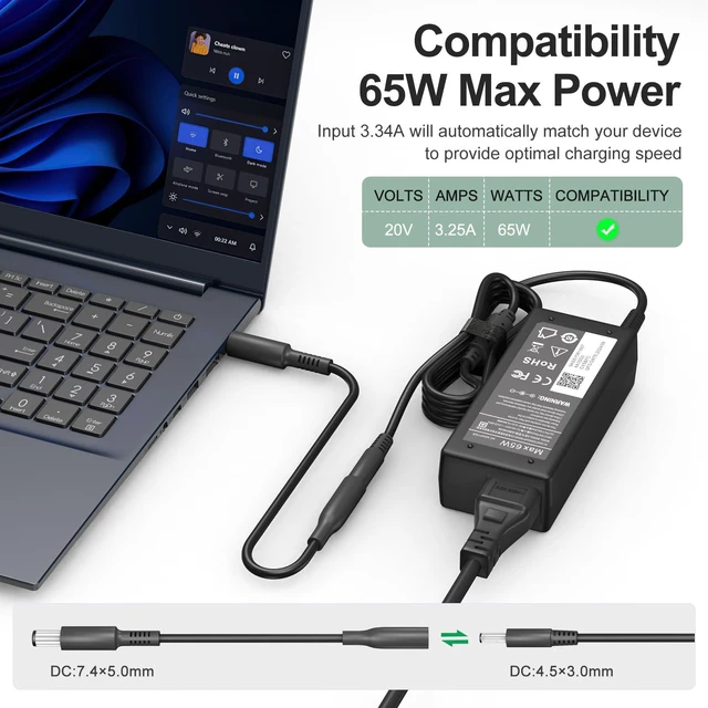 Alt view image 5 of 7 - 65W Charger Compatible with Dell Laptop Charger, AC Adapter for Inspiron 15/17/13/11 3000 5000 7000 Series,Vostro 15/14/13 3000 5000 Series Laptop
