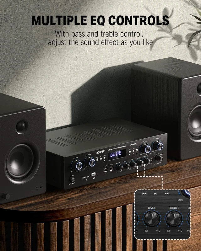 Alt view image 4 of 6 - Bluetooth 5.0 Stereo Audio Amplifier Receiver, 4 Channel 440W Peak Power Home Theater Stereo Receiver with USB, SD, FM, 2 Mic in Echo, RCA, LED, Speaker Selector for Studio, Home - MAMP5