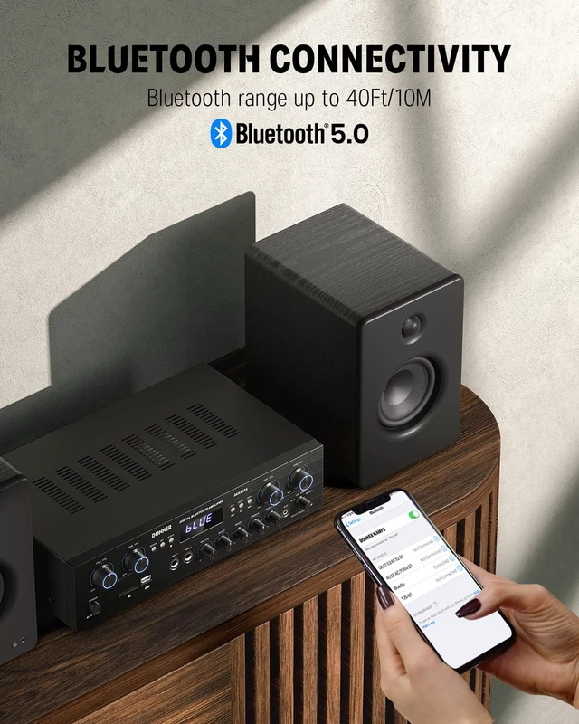 Alt view image 5 of 6 - Bluetooth 5.0 Stereo Audio Amplifier Receiver, 4 Channel 440W Peak Power Home Theater Stereo Receiver with USB, SD, FM, 2 Mic in Echo, RCA, LED, Speaker Selector for Studio, Home - MAMP5