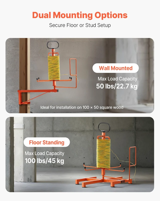 Alt view image 5 of 7 - Cable Dispenser, Floor or Stud Mounted, Wire Spool Rack, Portable Wire Rack Dispenser with Anti-Slip Metal Handle for Wiring Transport, Swivel Eyelet, for Electrical, Industrial and Retail Use