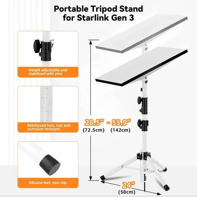 Alt view image 4 of 7 - Starlink Mount Gen 3, Starlink Tripod Stand with Mount Adapter, Adjustable Height for Starlink Standard 4/4X/V3, 90° Tilt Angle Adjustment Starlink Antenna Pipe Adapter (White)