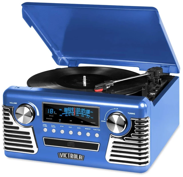 Main image of Haley - Retro Bluetooth Record Player with CD Player - Blue Plays vinyl, CD and AM/FM radio through built-in stereo speakers, 1950s retro design, Bluetooth and aux streaming