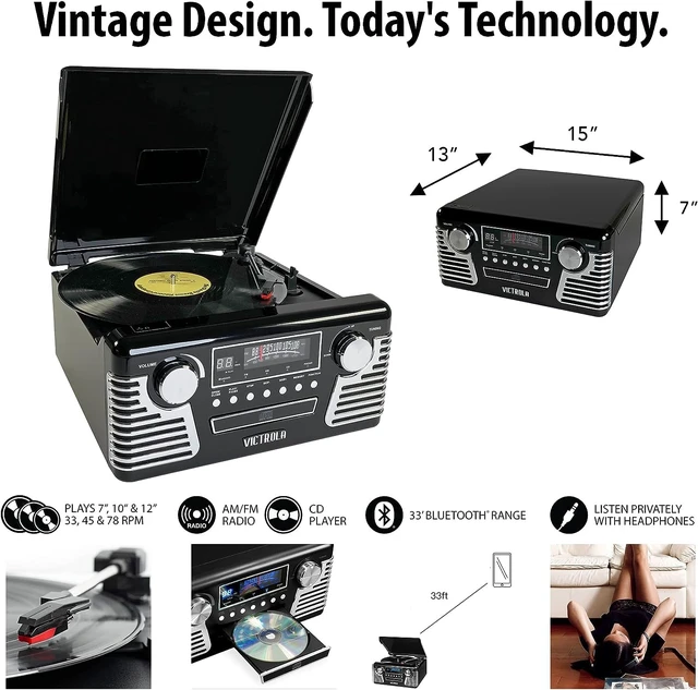 Alt view image 3 of 5 - Haley - Retro Bluetooth Record Player with CD Player - Blue Plays vinyl, CD and AM/FM radio through built-in stereo speakers, 1950s retro design, Bluetooth and aux streaming