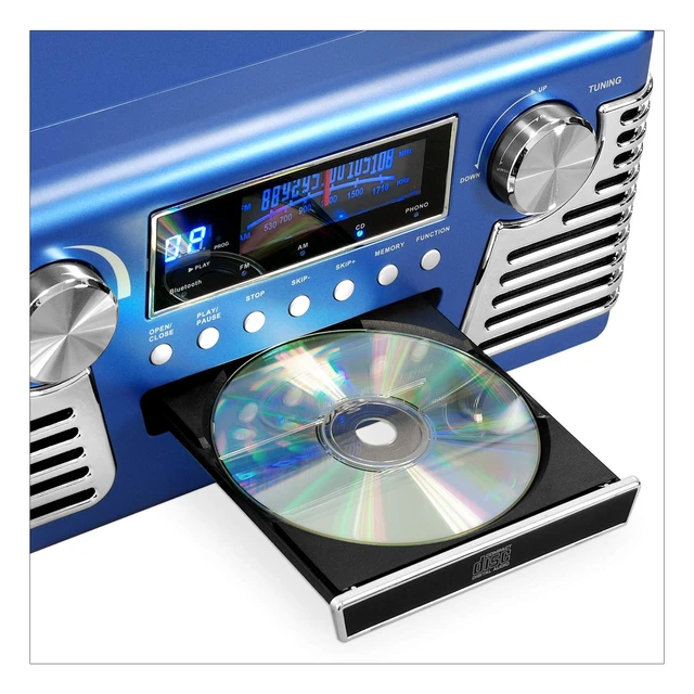Alt view image 4 of 5 - Haley - Retro Bluetooth Record Player with CD Player - Blue Plays vinyl, CD and AM/FM radio through built-in stereo speakers, 1950s retro design, Bluetooth and aux streaming