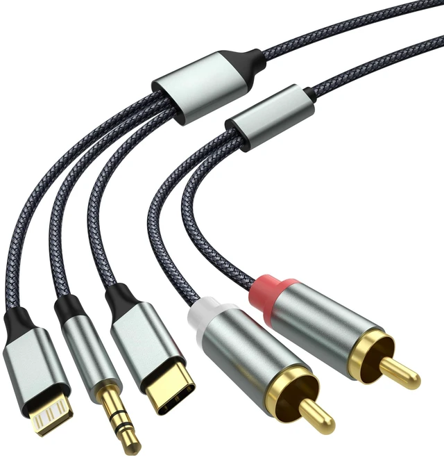 Main image of 3 in 1 Lightning USB C 3.5mm to 2 RCA Audio Cable for Car Amplifier Suitable for amplifiers, smartphones, cars, home theaters, speakers, etc. (Lightning Compatible)(33.8FT/10.3 meters)