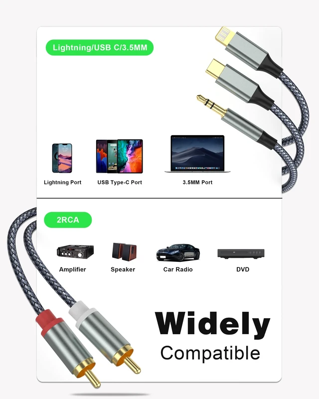Alt view image 2 of 6 - 3 in 1 Lightning USB C 3.5mm to 2 RCA Audio Cable for Car Amplifier Suitable for amplifiers, smartphones, cars, home theaters, speakers, etc. (Lightning Compatible)(33.8FT/10.3 meters)